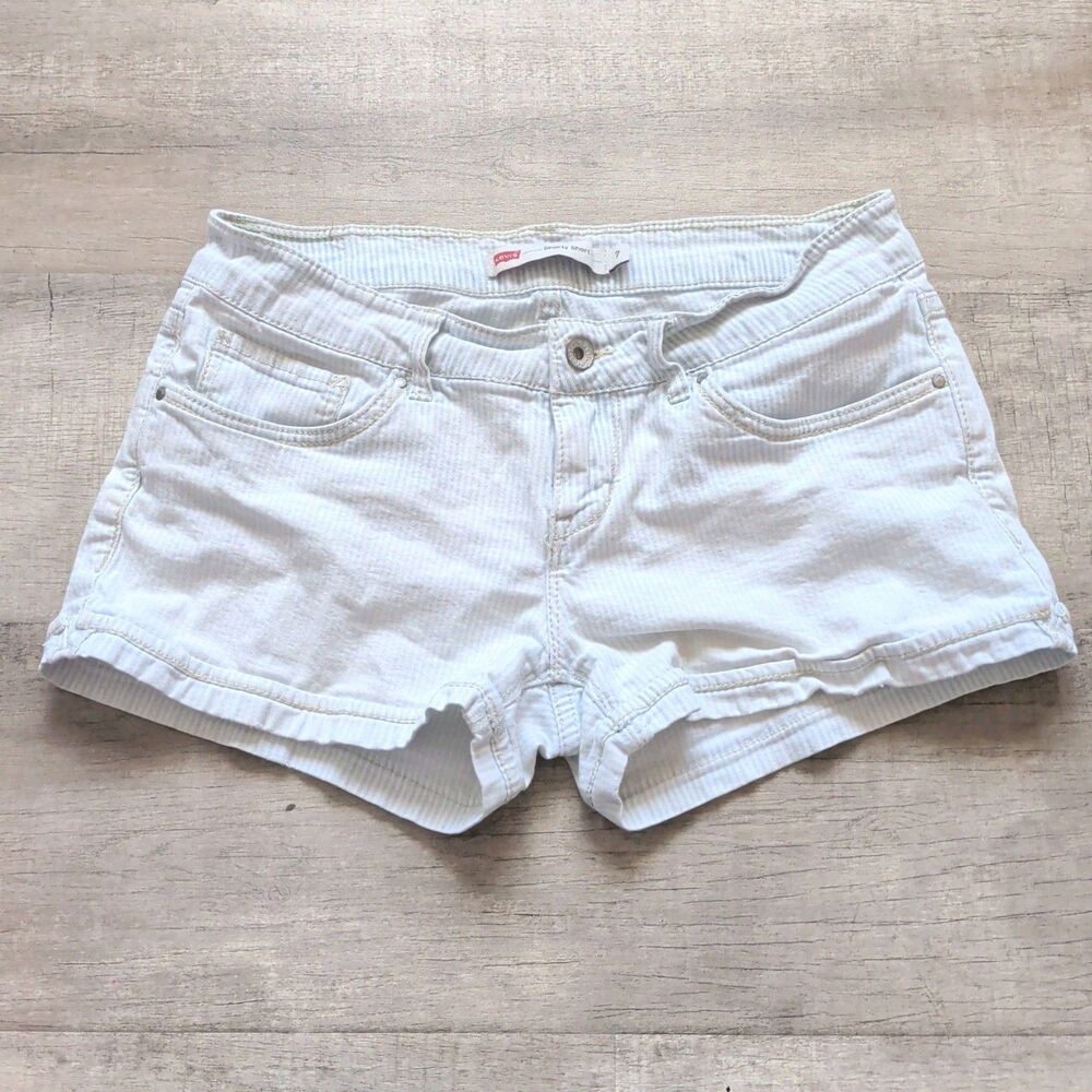 Levis Striped Faded Shorty Shorts Juniors Size 7 Blue White Denim Stretch